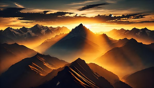 Sonnenaufgang, Nebelwald, Berge