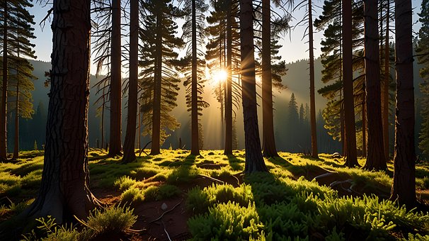 Sonnenaufgang, Kiefern, Goldene Strahlen