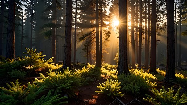 Sonnenaufgang, Bergwald