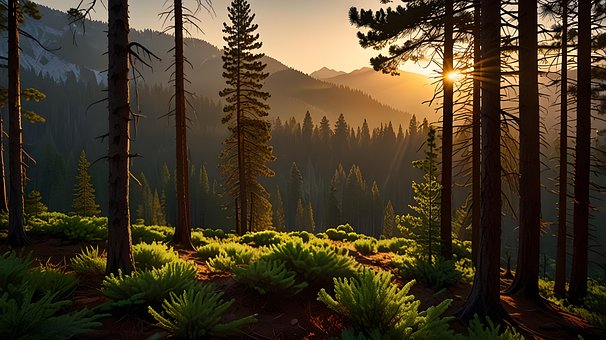 Sonnenaufgang, Wald, Berge