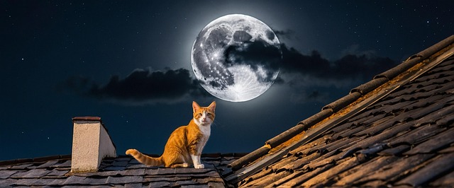 Katze, Vollmond, Nacht, Dach, Häuser