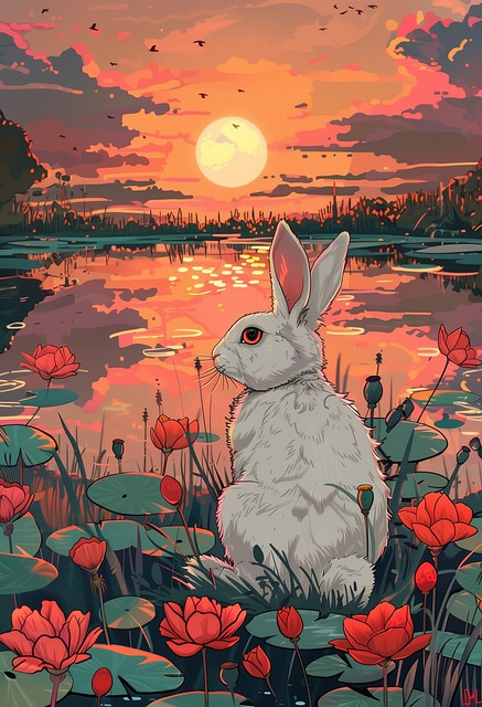 Free rabbit pond water lilies illustration