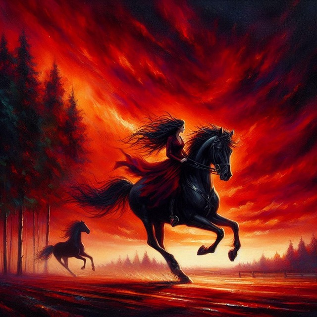 Atardecer, Rojizo, Caballos, Mujer