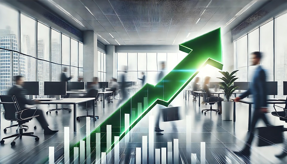 Dynamic office scene with a growth graph overlay symbolizing business success.