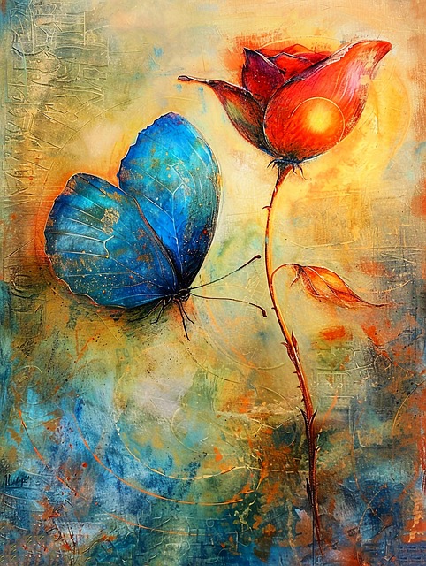 Free ai generated blue butterfly red flower illustration