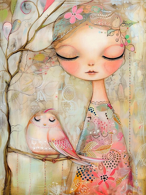 Free whimsical dreamy young girl illustration