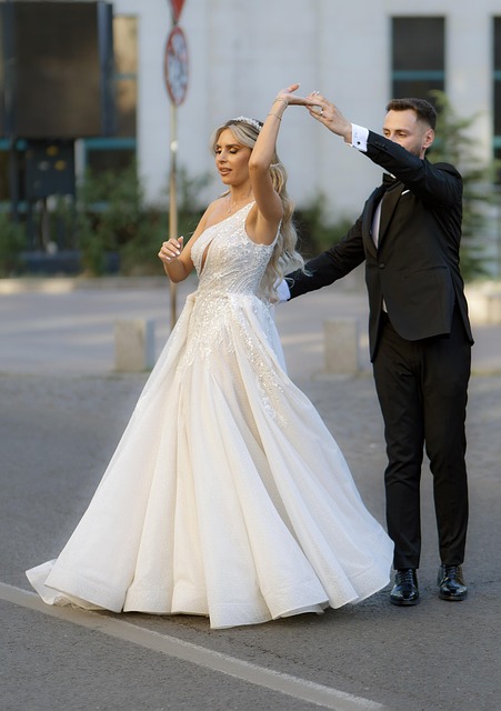 couple, dance, love, people, ties, groom, white dress, dancing, street, urban, happiness