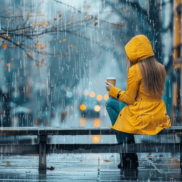 Woman, Rain, Yellow, Raincoat, Cap, Mug