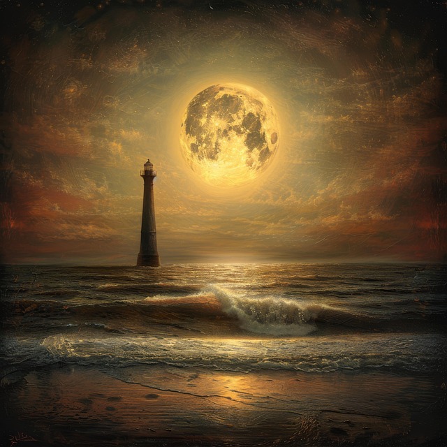 Lighthouse, Moon, Ocean, Waves, Night
