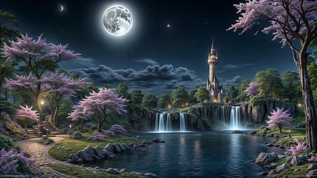 Landschaft, Wasserfälle, Nacht, Mond