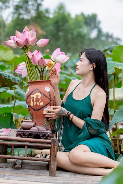 Vietnam, Kvinde, Lotus, Blomster, Dam