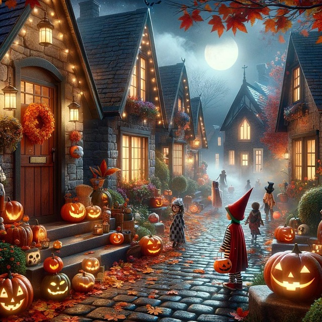 Free ai generated trick or treat village illustration