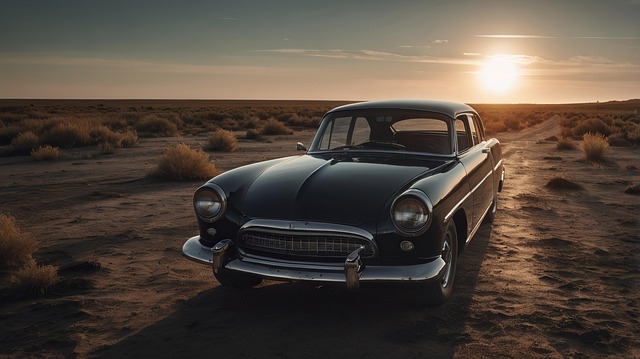 Free vintage car desert road sunset illustration