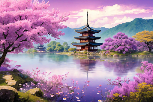 Ai Genereret, Blomster, Dam, Pagode