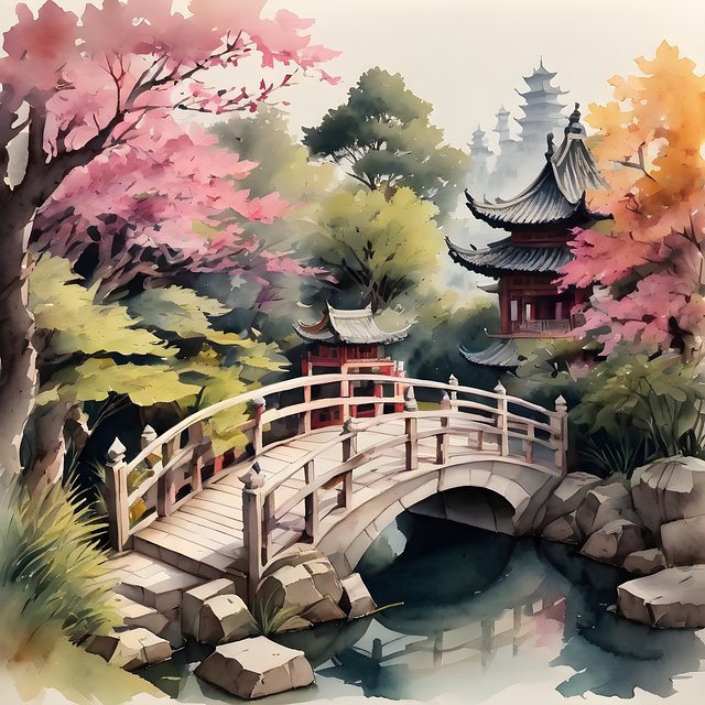 Arched, Brown, Wooden, Bridge, Chinese