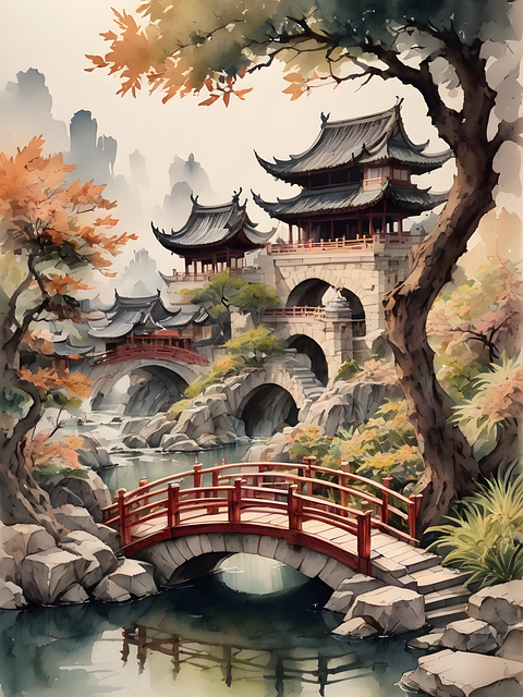 Arched, Brown, Wooden, Bridge, Chinese
