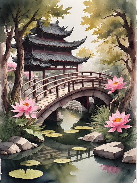 Arched, Brown, Wooden, Bridge, Chinese