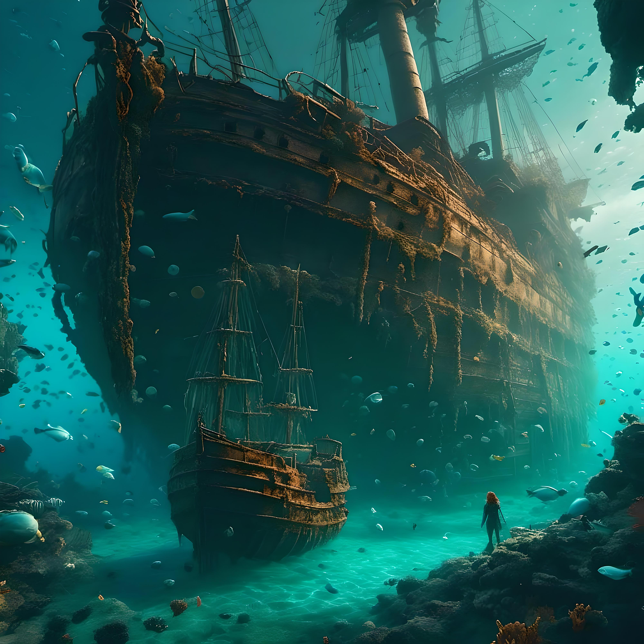 Download free HD stock image of Ai Generated Shipwreck Free ai generated shipwreck underwater illustration