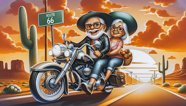Free ai generated old couple motorcycle illustration