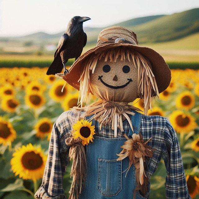Free scarecrow sunflower field crow illustration