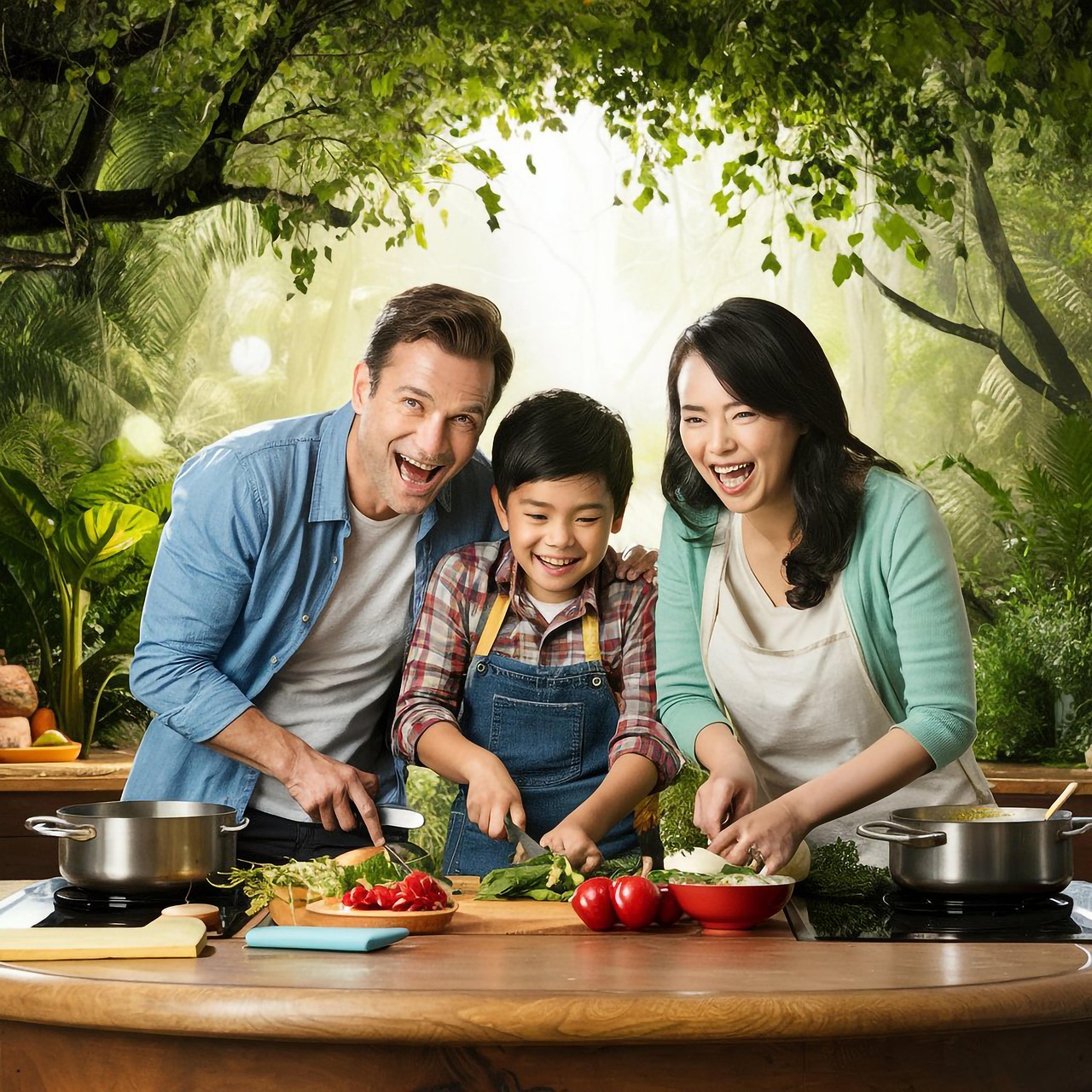 Multi‑generational family cooking together in a bright kitchen, laughing and connecting