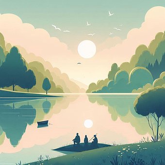 野营, 湖, 日落, 夏天, 数字艺术, 船, 营, 森林, 自然, 河, 景观