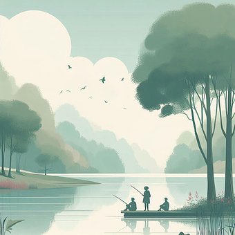 野营, 湖, 日落, 夏天, 数字艺术, 船, 营, 森林, 自然, 河, 景观