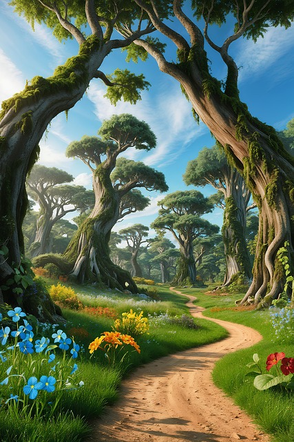 Free ai generated enchanted forest nature pathway illustration