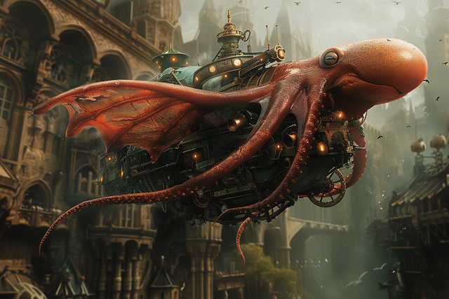 Free ai generated squid flying machine illustration