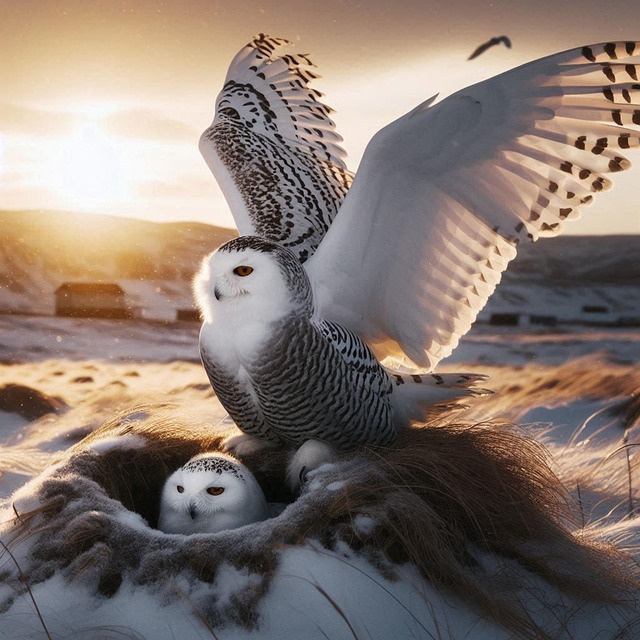Free ai generated snowy owls sunset illustration