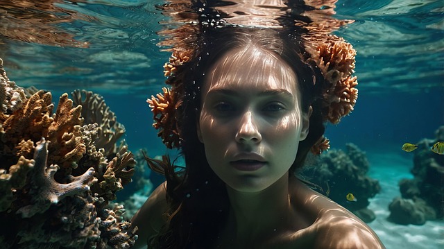 Free woman underwater corals illustration