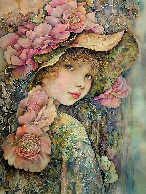 Free young girl thoughtful expression hat illustration
