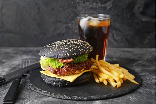 Mad, Burger, Måltid, Fad, Sort, Sodavand