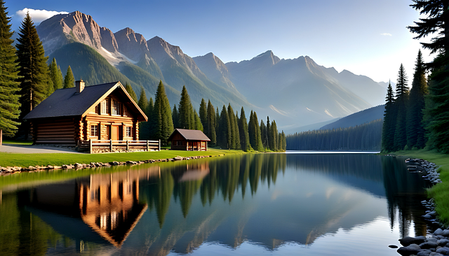 Free ai generated lake cabin illustration