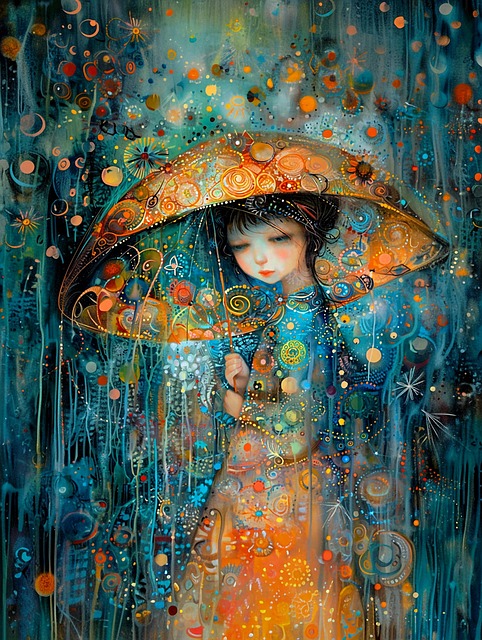 Free ai generated young girl ornate umbrella illustration