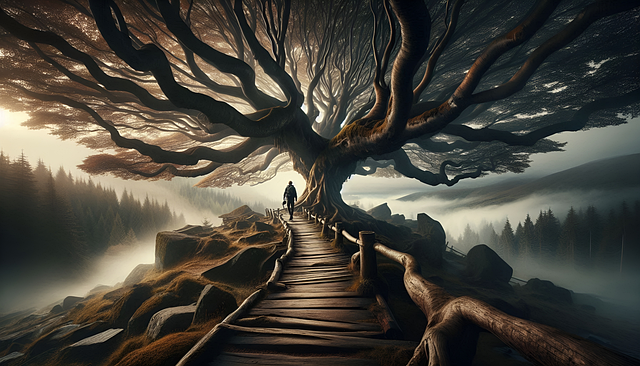 Free ai generated old tree walker illustration