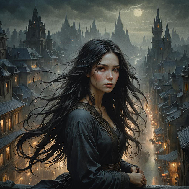 Free woman gothic city illustration