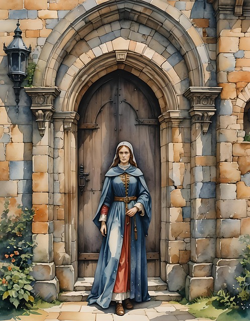Free woman medieval door illustration