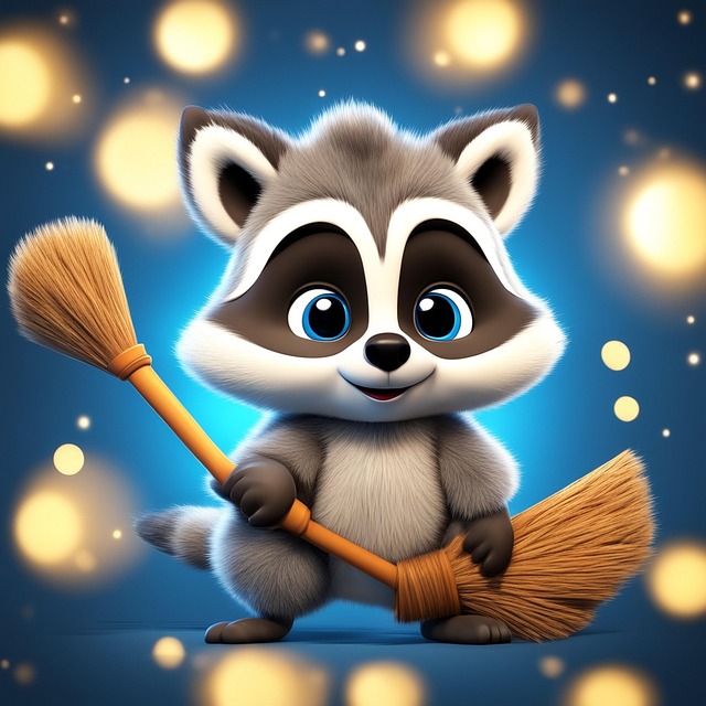 Free cuteraccoon magicbroom cartoonvector illustration