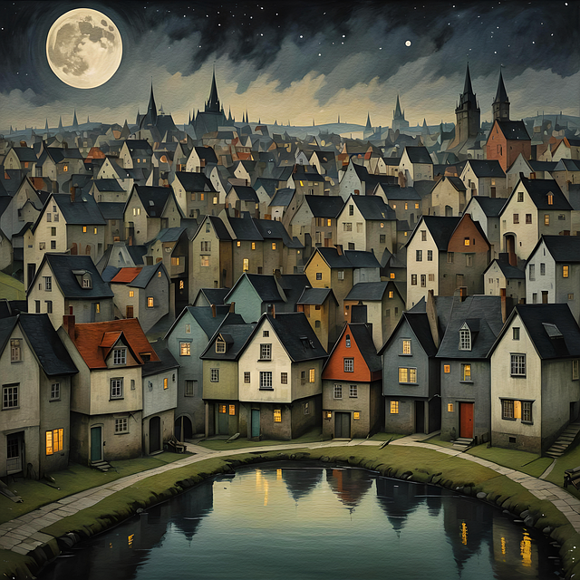 Ai Generado, Ciudad, Noche, Luna, Casas