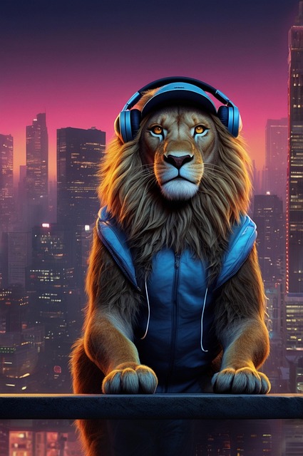 Free ai generated lion headphones illustration