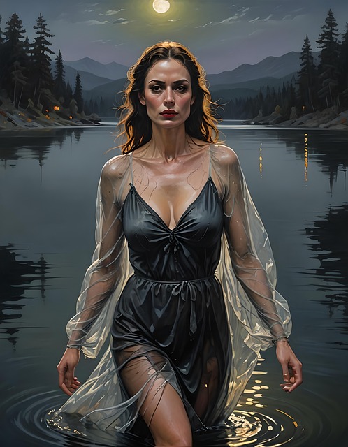 Free woman wading lake illustration