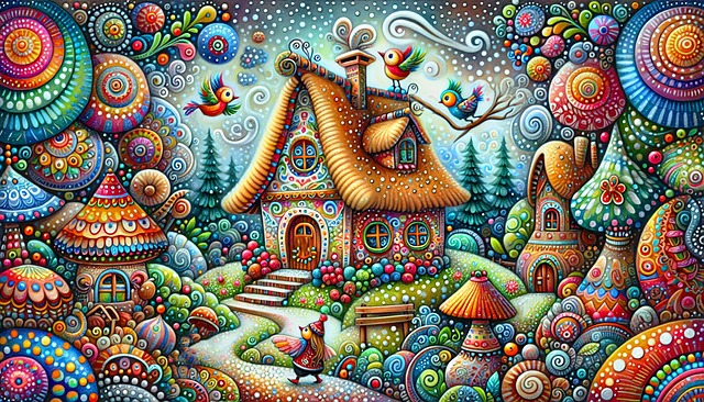 Free whimsical illustration fantastical village colorful cottage illustration