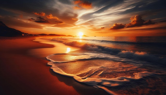 Ai Genereret, Solnedgang, Strand, Bølger