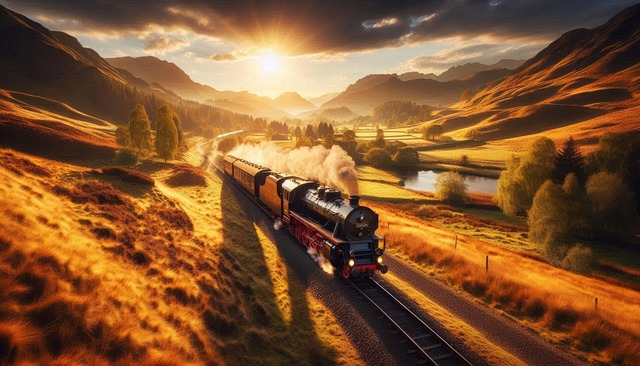 Free ai generated sunset steam train illustration