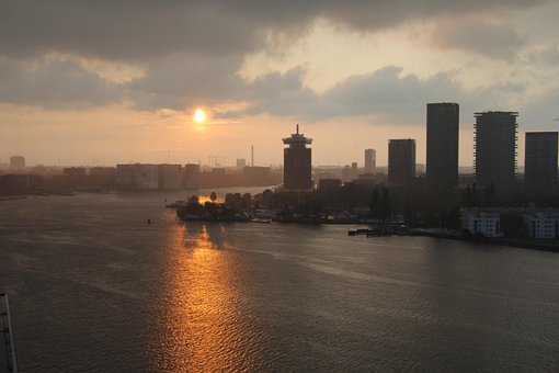 Amsterdam, Holland, Solnedgang, Vand