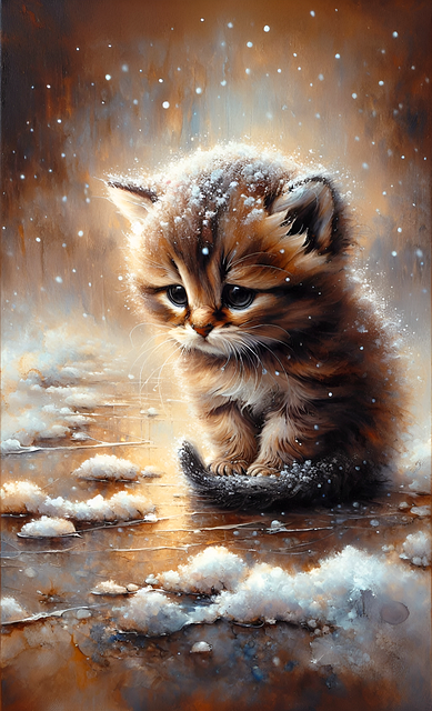Free oil painting kitten snow illustration