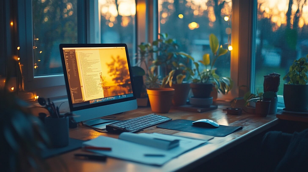 Hyggelig, Computer, Studie, Solnedgang