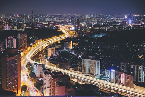 밤, 도시, 빛, 바쁘다