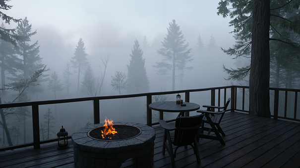 Balkon, Feuerofen, Nebelwald, Winter